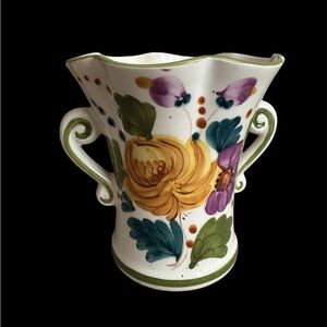 Hand Painted Portugal 5” Vase - Floral Folk Art Charm, Twin Handles